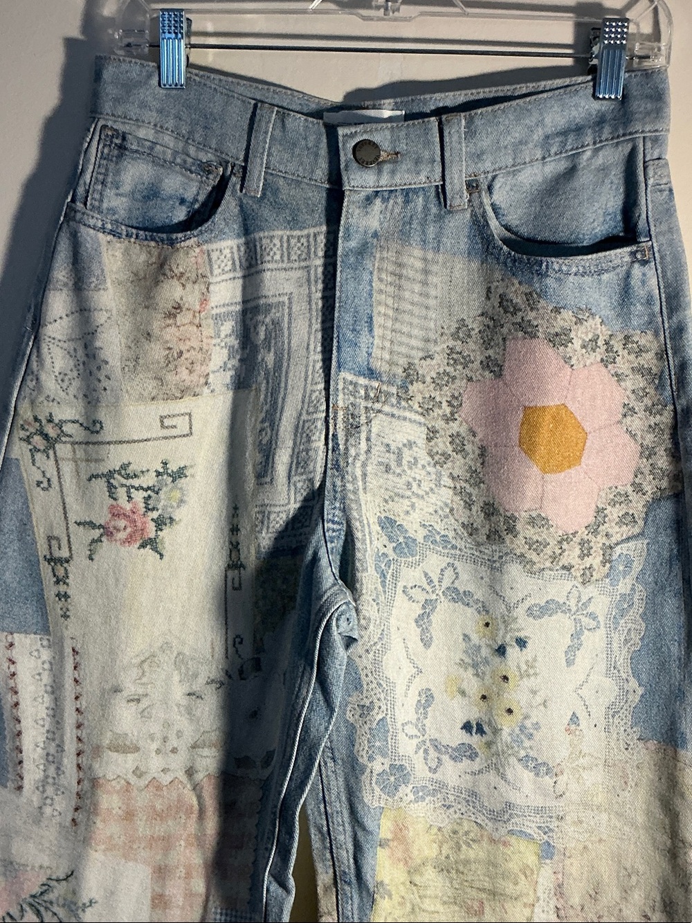 Light Blue Patchwork-Print Straight Leg Jeans - Picture 2 of 6